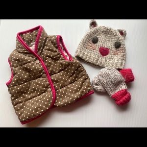 SOLD-Baby Girl vest, mittens, kitten hat